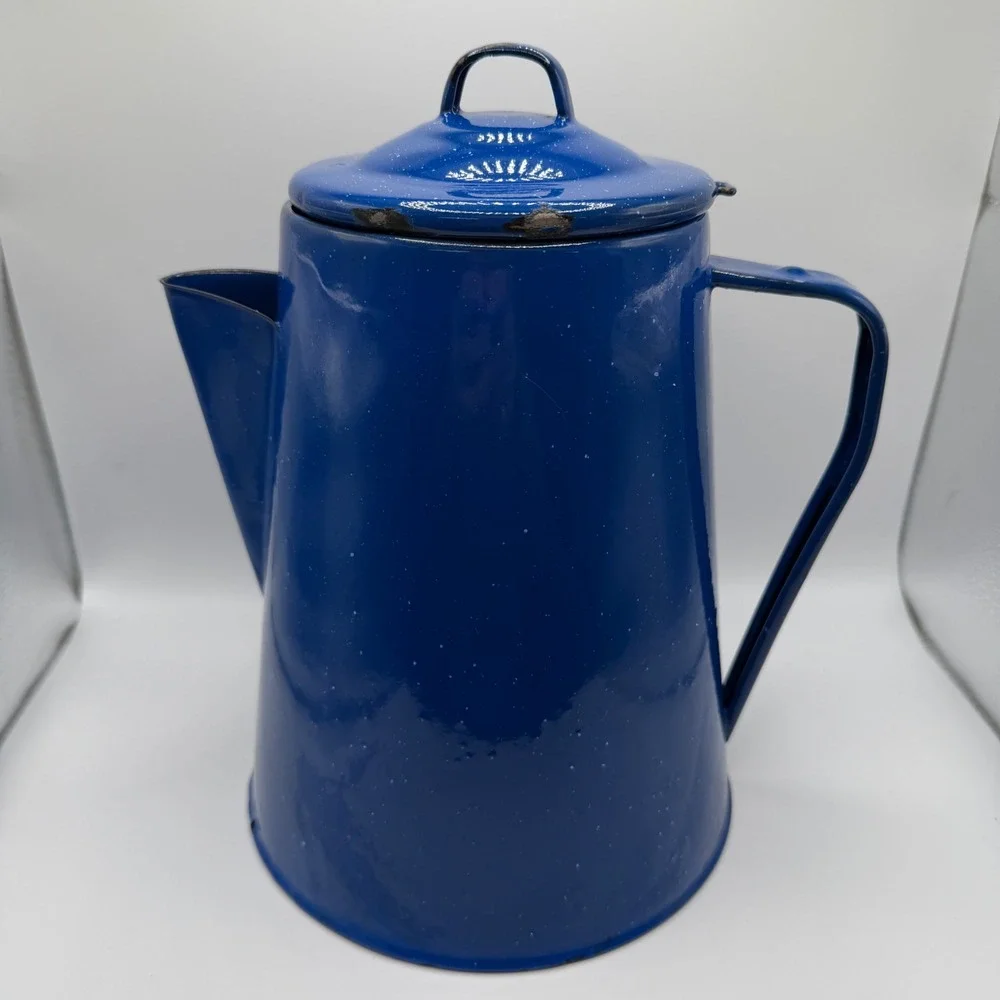 Vintage Blue Graniteware Speckled Enamel Coffee Pot Farmhouse Decor